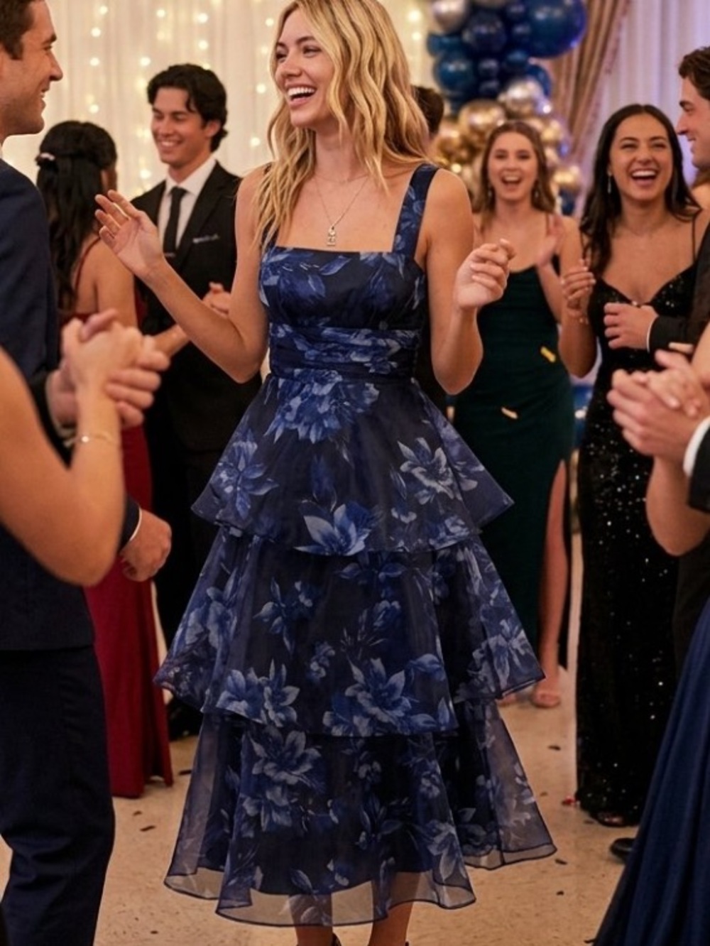 New Lulus Dramatic Glamour Navy Blue Floral Tiered Midi Dress Sz Medium